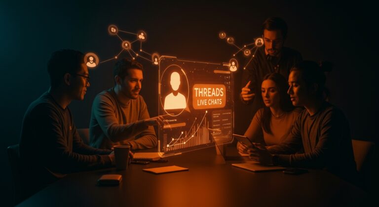 Startup founders interactuando en Threads Live Chats, simbolizando engagement en redes sociales y crecimiento de comunidades online en 2026.