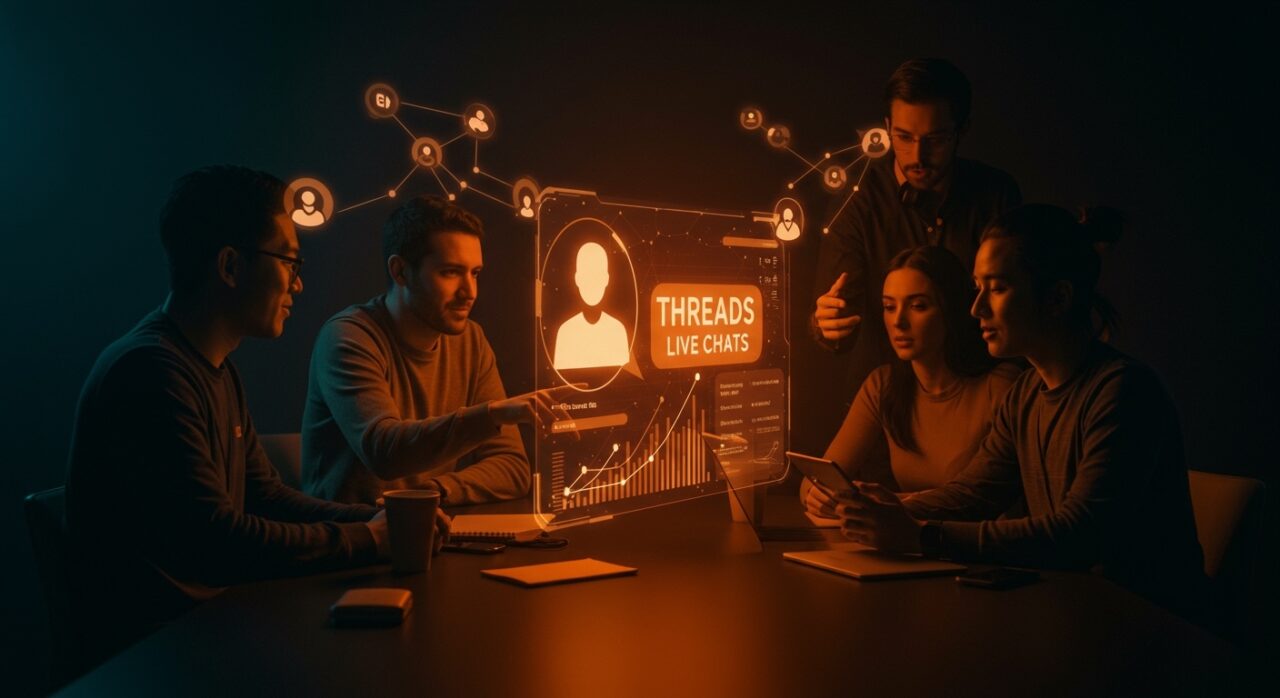 Startup founders interactuando en Threads Live Chats, simbolizando engagement en redes sociales y crecimiento de comunidades online en 2026.