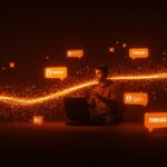 Interfaz digital futurista mostrando chats en vivo de Threads aumentando el engagement en tiempo real para startups.