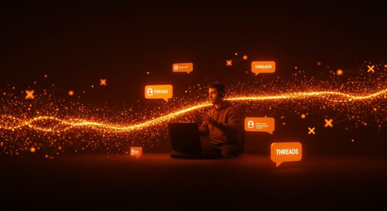 Interfaz digital futurista mostrando chats en vivo de Threads aumentando el engagement en tiempo real para startups.