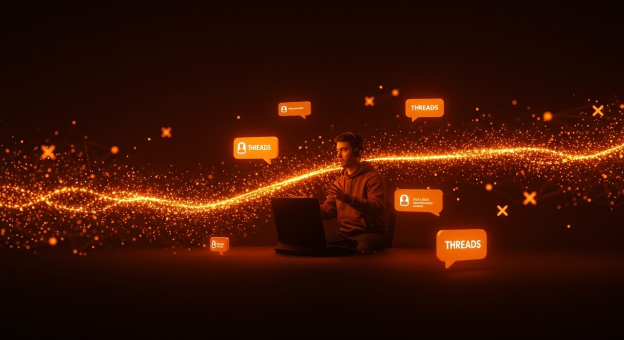 Interfaz digital futurista mostrando chats en vivo de Threads aumentando el engagement en tiempo real para startups.