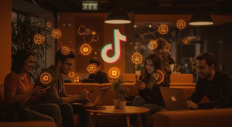 Estudiantes universitarios conectados en TikTok Campus Hub, destacando marketing universitario y engagement con la comunidad Gen Z.