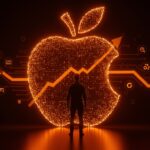 Retrato conceptual de Tim Cook y el crecimiento de Apple con metáforas visuales de liderazgo y escalabilidad en startups tecnológicas.