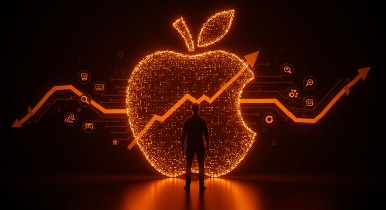 Retrato conceptual de Tim Cook y el crecimiento de Apple con metáforas visuales de liderazgo y escalabilidad en startups tecnológicas.