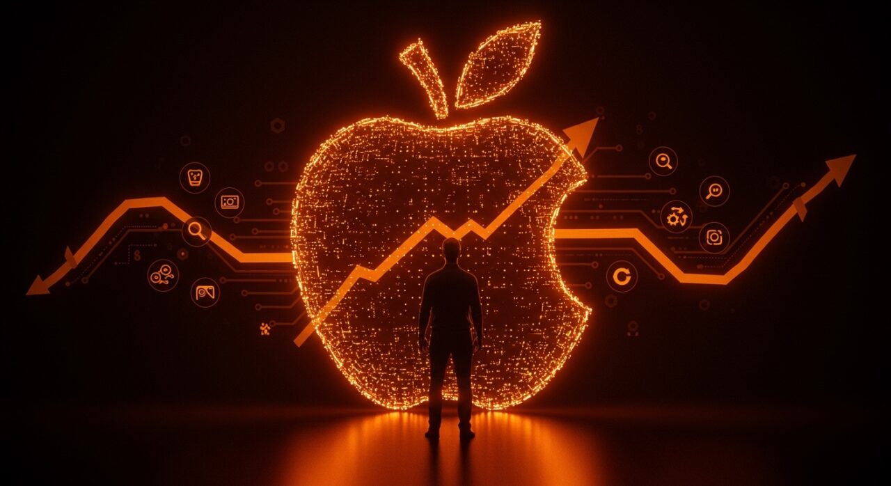Retrato conceptual de Tim Cook y el crecimiento de Apple con metáforas visuales de liderazgo y escalabilidad en startups tecnológicas.