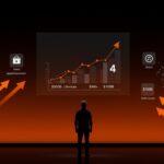 Tim Cook en silueta frente a gráficos digitales de crecimiento y IA, simbolizando su legado y lecciones para founders tras dejar Apple.