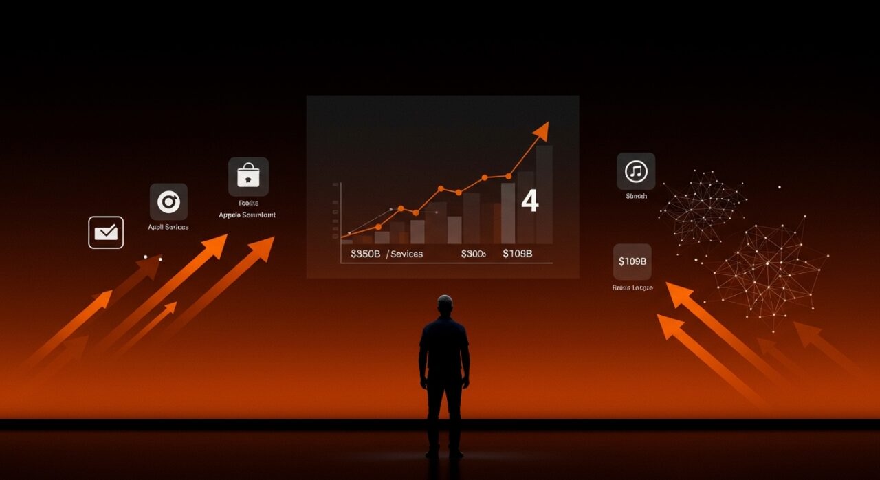 Tim Cook en silueta frente a gráficos digitales de crecimiento y IA, simbolizando su legado y lecciones para founders tras dejar Apple.