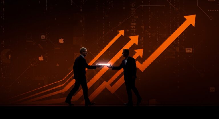 Tim Cook entregando la sucesión del CEO de Apple a John Ternus, simbolizando la transición de liderazgo y lecciones para startups tecnológicas.