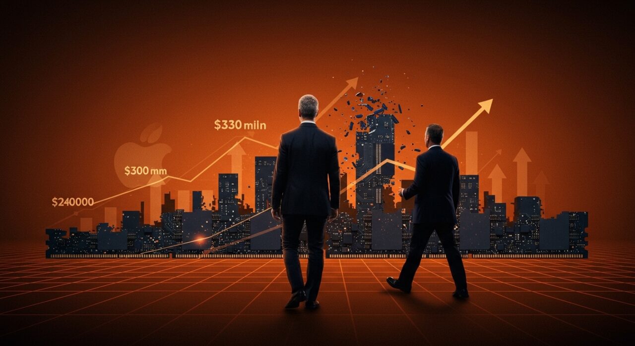 Tim Cook dejando Apple en 2026 con John Ternus asumiendo como CEO, ilustrado con metáforas de escasez de chips RAMaggedon y crecimiento récord en ventas.