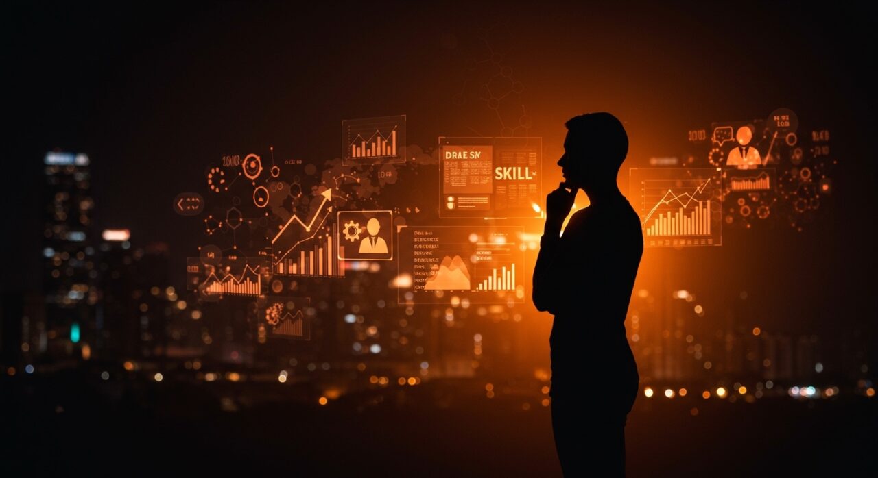 Silhouette profesional en mercado laboral chileno 2026, destacando habilidades digitales, inteligencia artificial y automatización en contratación.