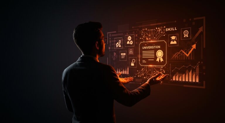 Mercado laboral en Chile representado con profesional evaluando habilidades técnicas frente a títulos universitarios, reflejando la contratación basada en habilidades en tecnología.