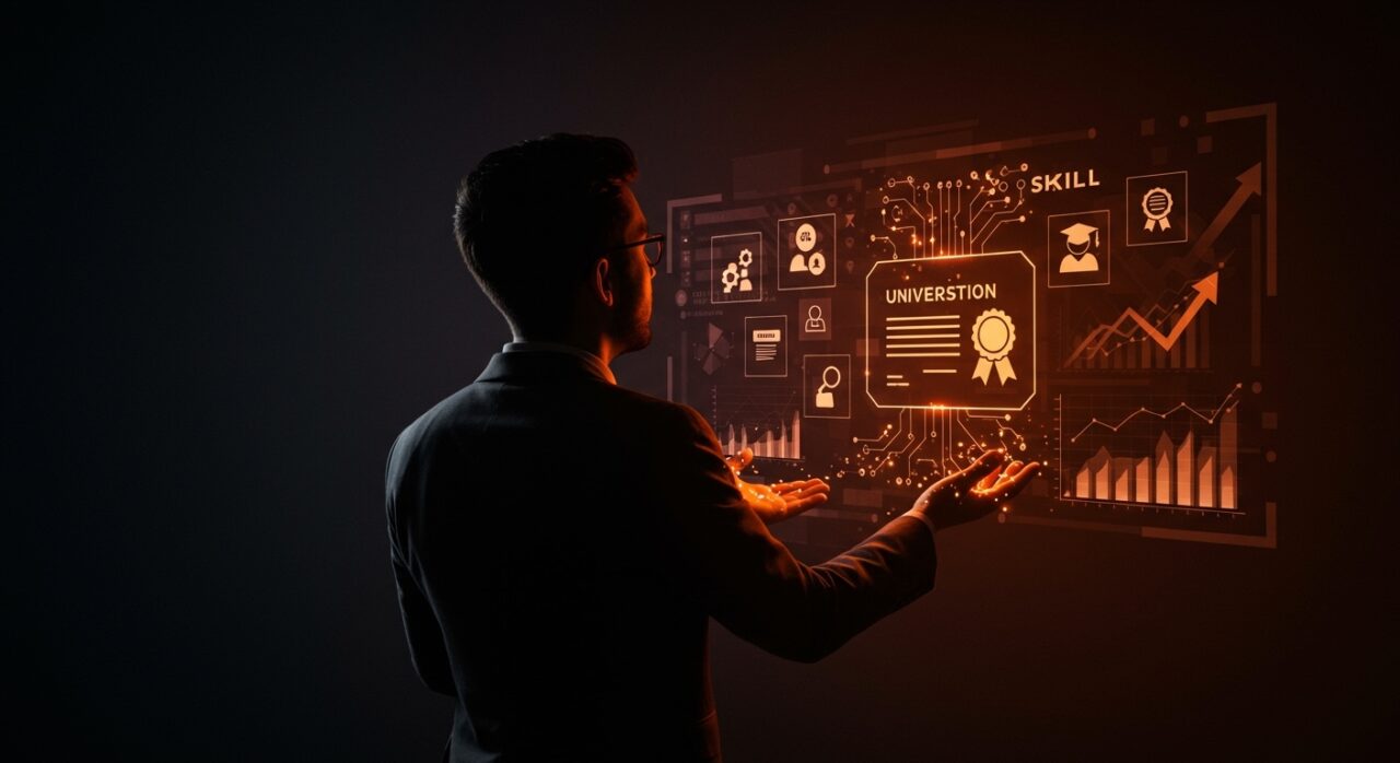 Mercado laboral en Chile representado con profesional evaluando habilidades técnicas frente a títulos universitarios, reflejando la contratación basada en habilidades en tecnología.
