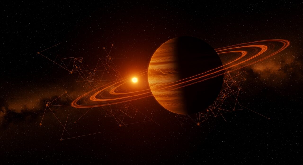 Exoplaneta TOI-5205 b orbitando una enana roja, ilustración editorial que destaca el desafío a teorías de formación planetaria en astronomía.