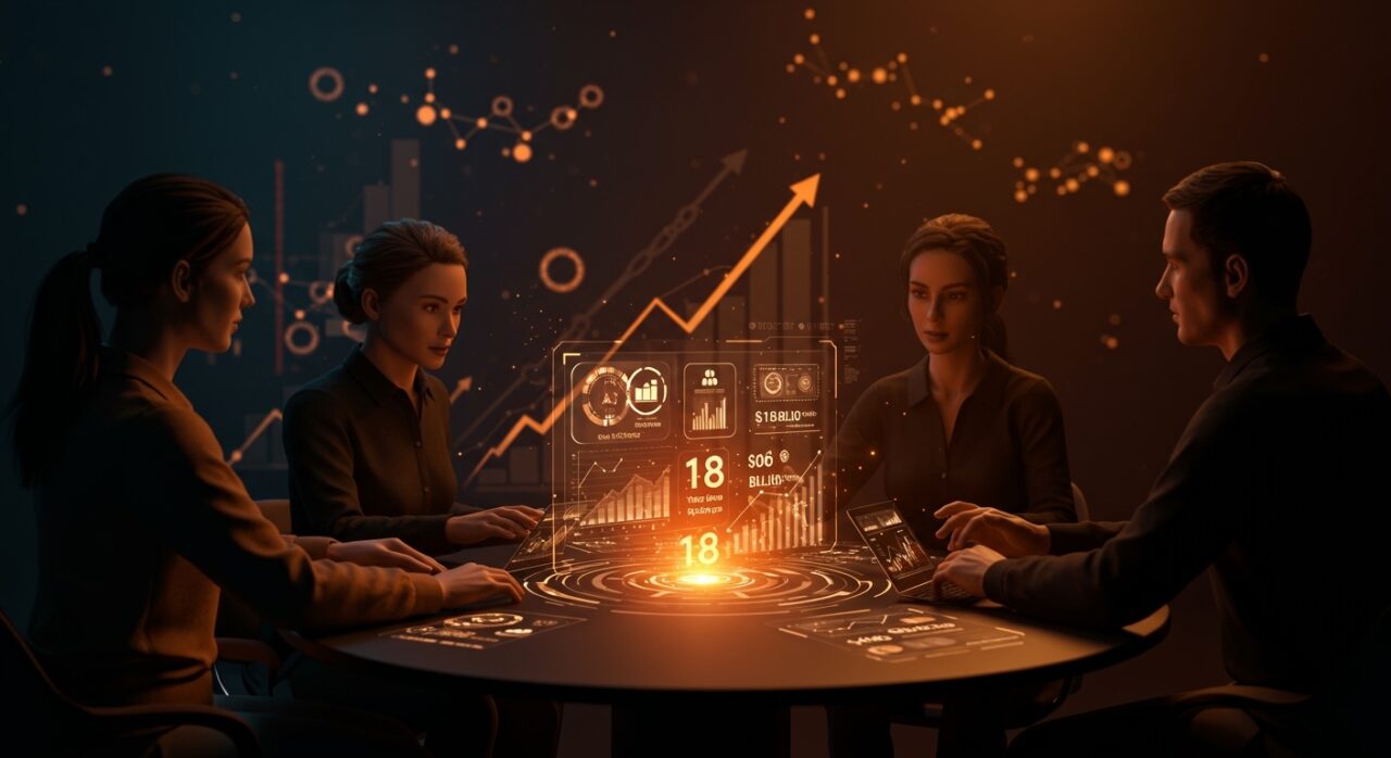 Equipo fintech colaborando con holograma de activos tokenizados y blockchain, ilustrando la oportunidad en tokenización para startups en 2026.