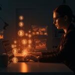 Profesional interactuando con tokens de inteligencia artificial que miden productividad en el entorno laboral de Silicon Valley y Meta.