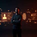Fundador de startup frente a hologramas fracturados representando verificación biométrica y fraude en asociación falsa con Bruno Mars en Tools For Humanity.