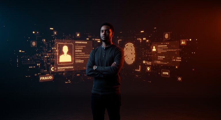 Fundador de startup frente a hologramas fracturados representando verificación biométrica y fraude en asociación falsa con Bruno Mars en Tools For Humanity.