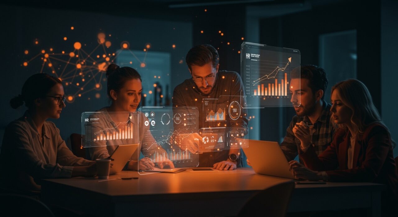 Software de gestión de RRHH 2026 mostrando profesionales usando plataformas HR enterprise para startups con tecnología SaaS y automatización.