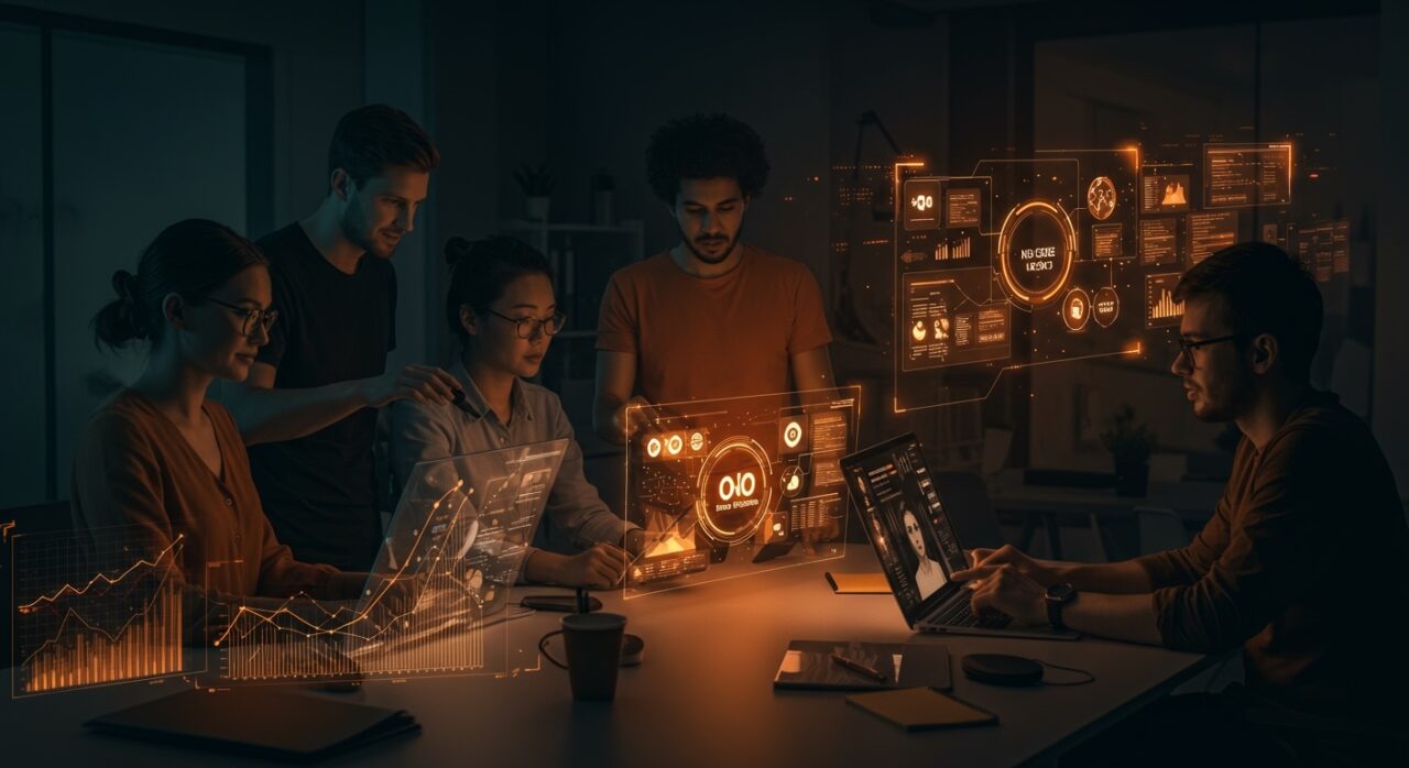 Top 20 creadores No Code y Vibe Coding en 2026 colaborando en interfaces futuristas con automatización IA y tendencias innovadoras para startups sin código.