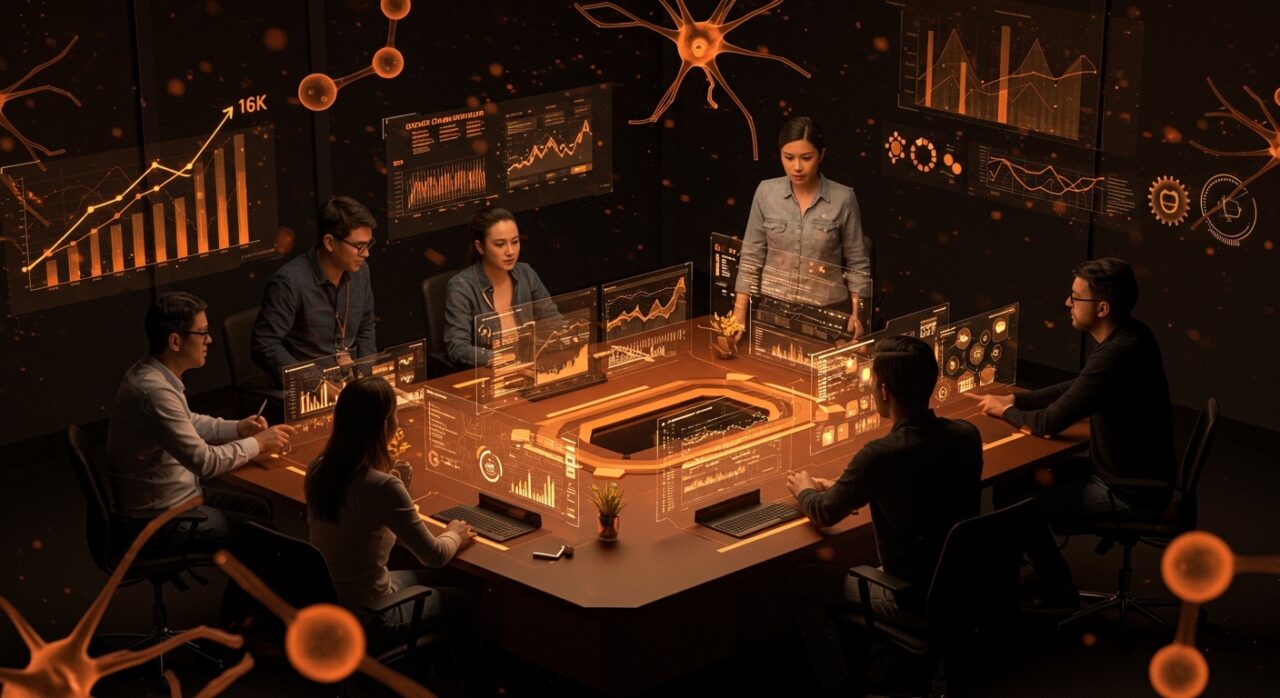 Founders hispanos interactuando con automatización de flujo de trabajo 2026 para escalar startups en LATAM usando inteligencia artificial agentiva.