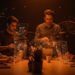 Fundadores de startups utilizando herramientas No Code y Vibe Coding en un entorno tecnológico con metáforas visuales de automatización e inteligencia artificial para el ecosistema startup LATAM.