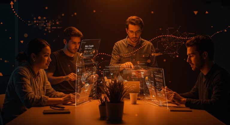 Fundadores de startups utilizando herramientas No Code y Vibe Coding en un entorno tecnológico con metáforas visuales de automatización e inteligencia artificial para el ecosistema startup LATAM.