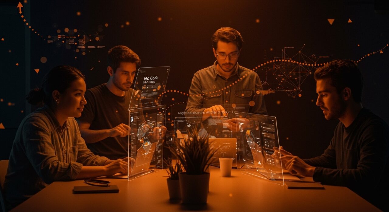 Fundadores de startups utilizando herramientas No Code y Vibe Coding en un entorno tecnológico con metáforas visuales de automatización e inteligencia artificial para el ecosistema startup LATAM.