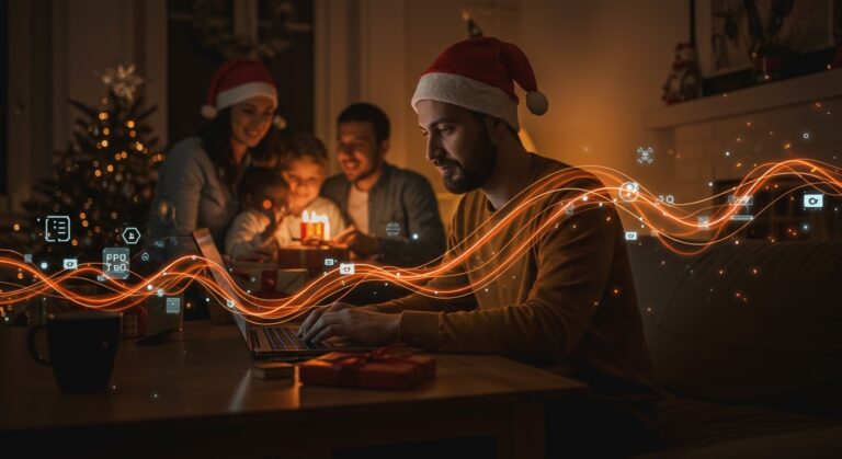 Founder tech trabajando remoto y equilibrando la vida laboral y familiar durante días festivos en startups.