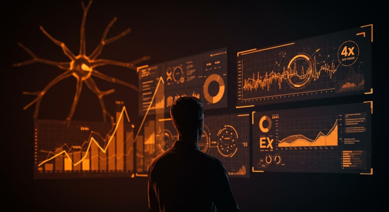 Fundador optimizando tráfico referido por IA con visuales de búsqueda AI y conversión 4x superior, destacando estrategias AEO y SEO en marketing digital.