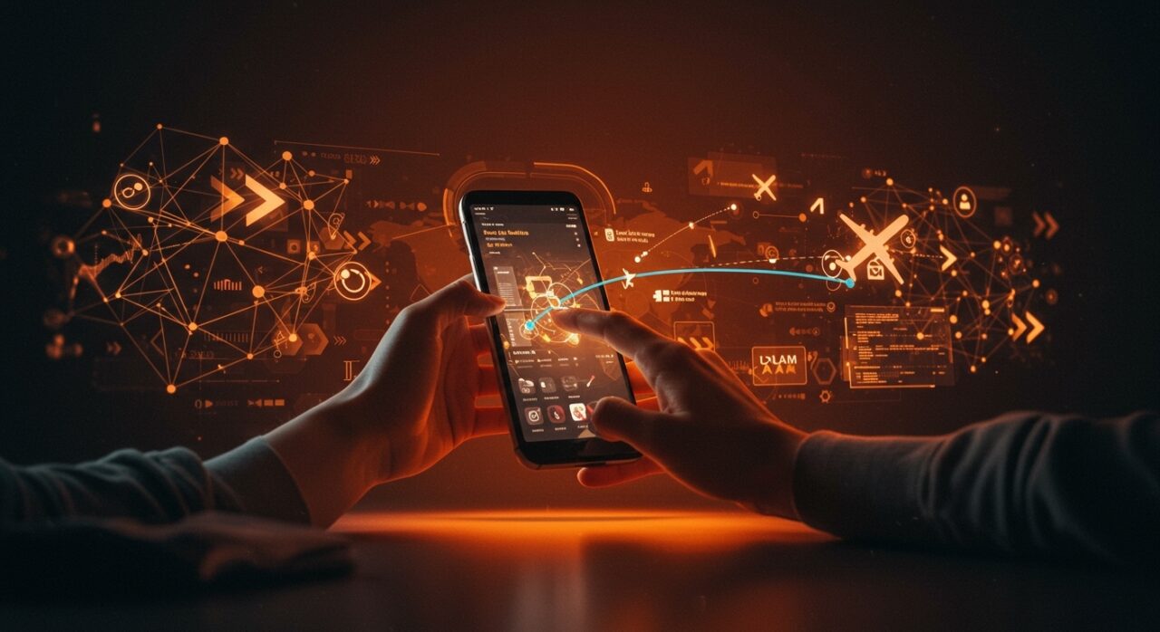 Visualización futurista de optimización de millas aéreas y automatización de viajes usando inteligencia artificial para startups LATAM.