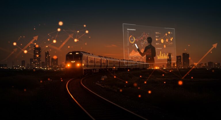 Tren Maya atravesando paisaje regional con empresario analizando métricas, reflejando lecciones de validación de demanda y desarrollo en México.