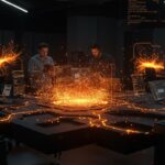 Colaboración de emprendedores en entorno futurista con inteligencia artificial open source para automatización y startups tech en LATAM.