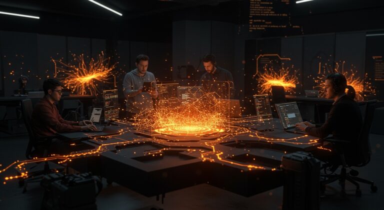 Colaboración de emprendedores en entorno futurista con inteligencia artificial open source para automatización y startups tech en LATAM.