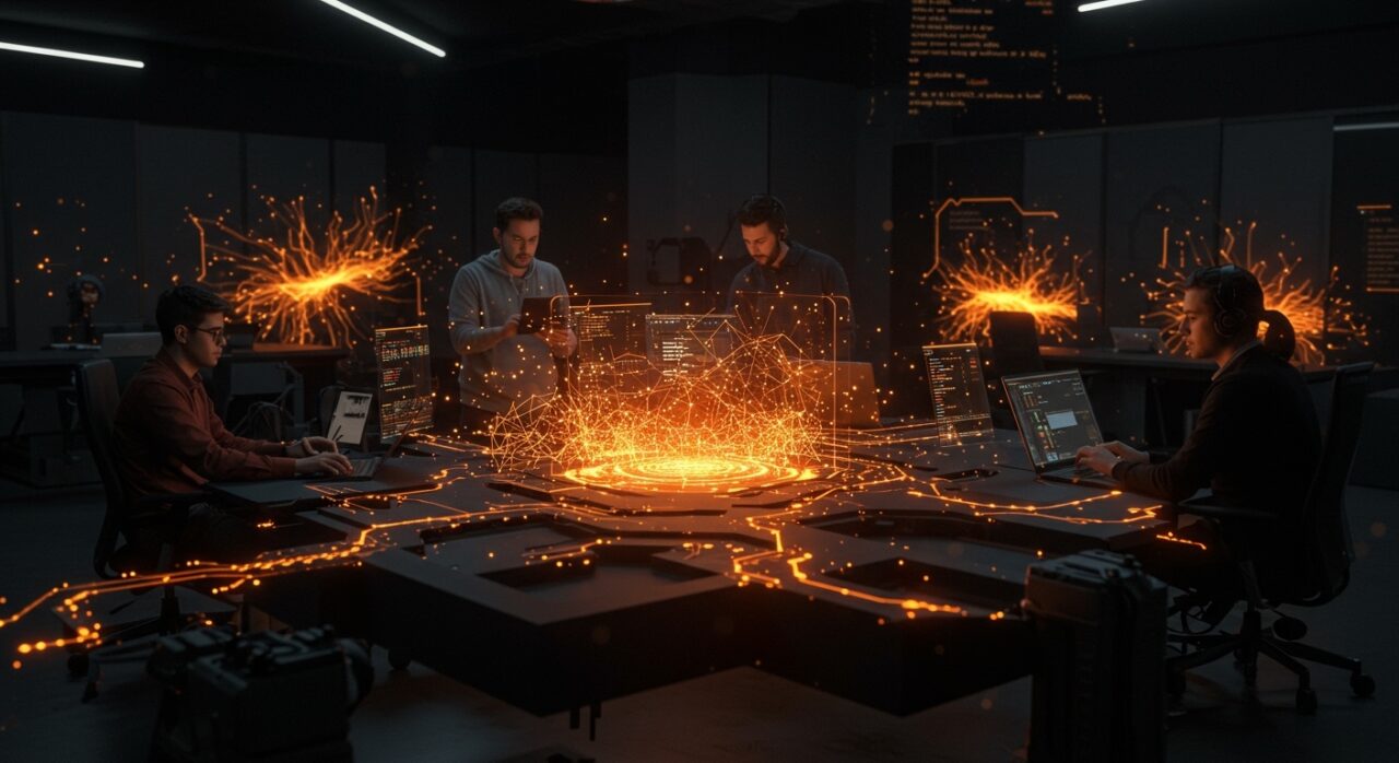 Colaboración de emprendedores en entorno futurista con inteligencia artificial open source para automatización y startups tech en LATAM.