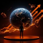 Fundador de startup aeroespacial visualizado frente a un globo digital con satélites y líneas de financiamiento, representando la inversión en tecnología espacial deep tech.