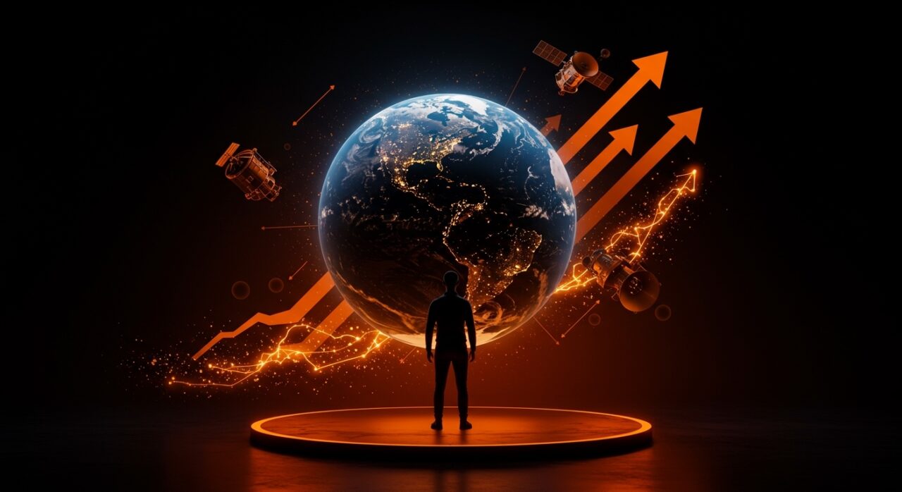 Fundador de startup aeroespacial visualizado frente a un globo digital con satélites y líneas de financiamiento, representando la inversión en tecnología espacial deep tech.