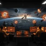 Satélites autónomos y defensa espacial con financiamiento startup en un centro de comando futurista, destacando la tecnología deep tech y la inversión en defensa espacial.