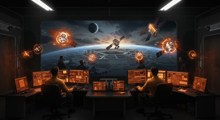 Satélites autónomos y defensa espacial con financiamiento startup en un centro de comando futurista, destacando la tecnología deep tech y la inversión en defensa espacial.