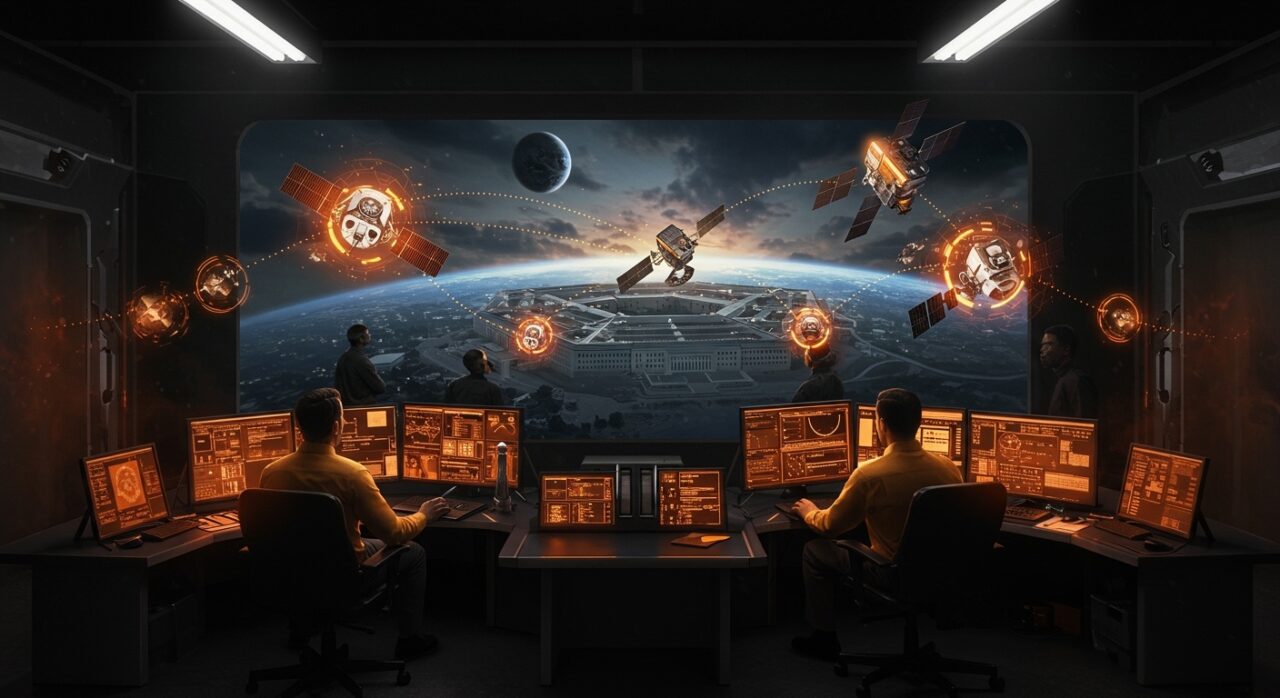 Satélites autónomos y defensa espacial con financiamiento startup en un centro de comando futurista, destacando la tecnología deep tech y la inversión en defensa espacial.