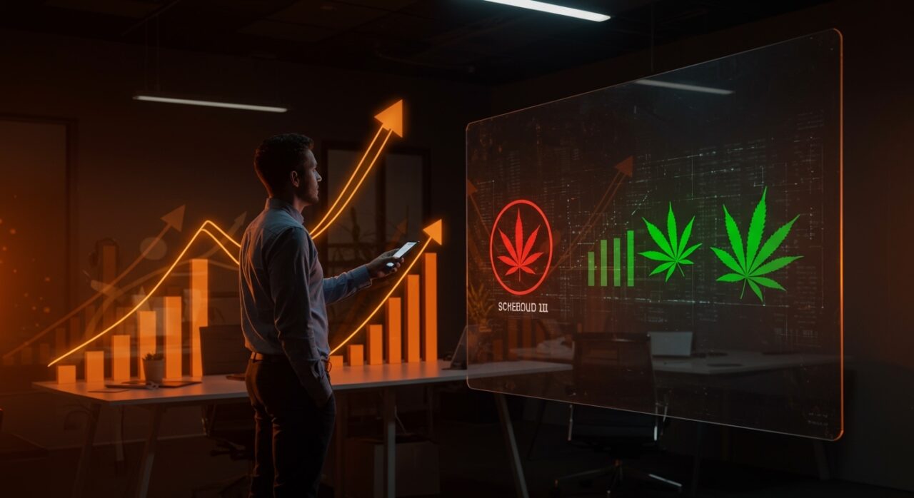 Fundador de startup observando reclasificación de cannabis de Schedule I a III representando nuevas oportunidades fiscales y regulatorias en Estados Unidos.