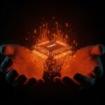 Microchip avanzado de 1,2nm y 1,3nm iluminado en naranja y negro, simbolizando la hoja de ruta TSMC y la inversión en tecnología IA para startups.