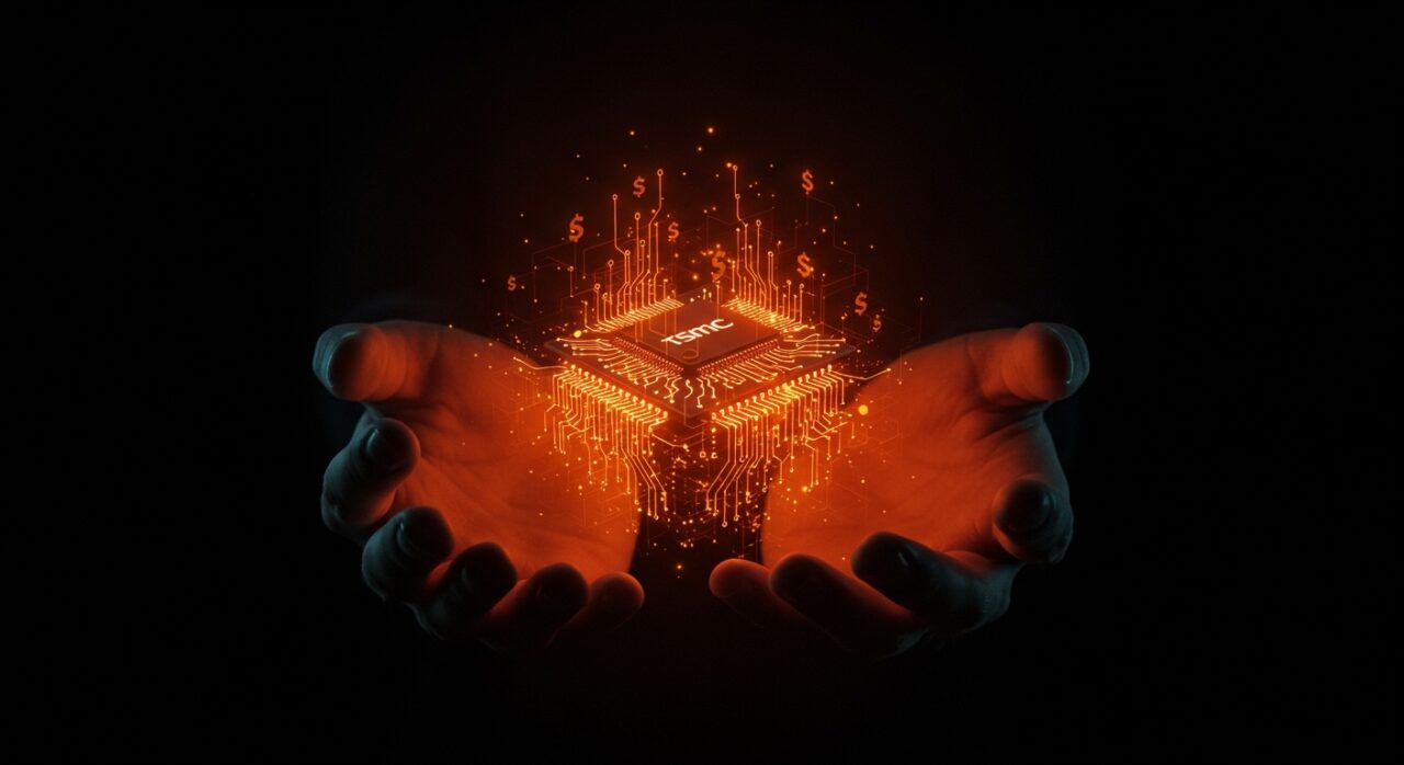 Microchip avanzado de 1,2nm y 1,3nm iluminado en naranja y negro, simbolizando la hoja de ruta TSMC y la inversión en tecnología IA para startups.