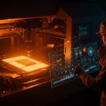 TSMC pospone adopción de la litografía High-NA de ASML, representado con maquinaria de semiconductores y simbolismos de inversión en hardware startup.