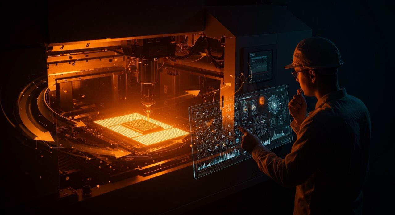 TSMC pospone adopción de la litografía High-NA de ASML, representado con maquinaria de semiconductores y simbolismos de inversión en hardware startup.