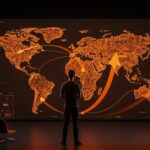 Fundador fintech delante de un mapa digital conectando Europa y Latinoamérica, simbolizando la expansión internacional y ronda de inversión de TucanPay.