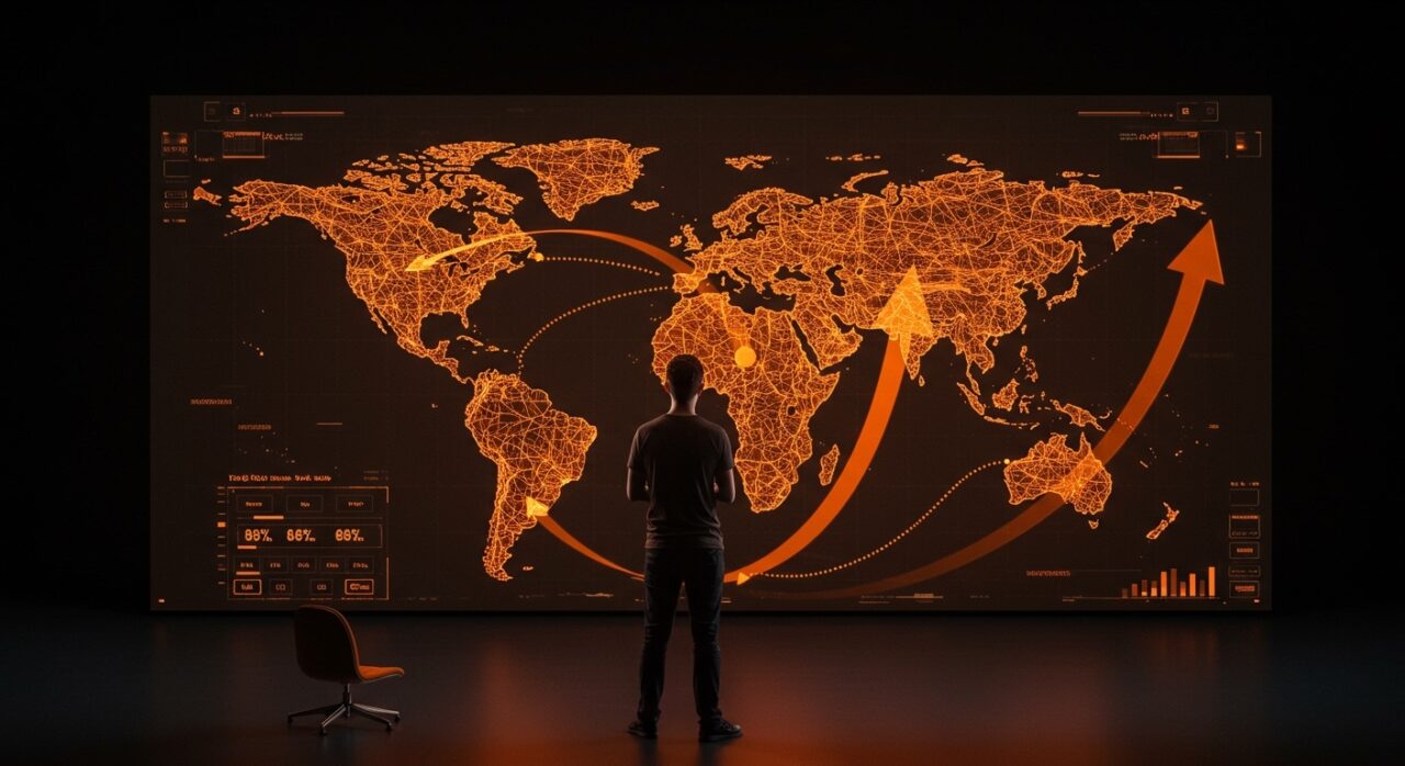 Fundador fintech delante de un mapa digital conectando Europa y Latinoamérica, simbolizando la expansión internacional y ronda de inversión de TucanPay.