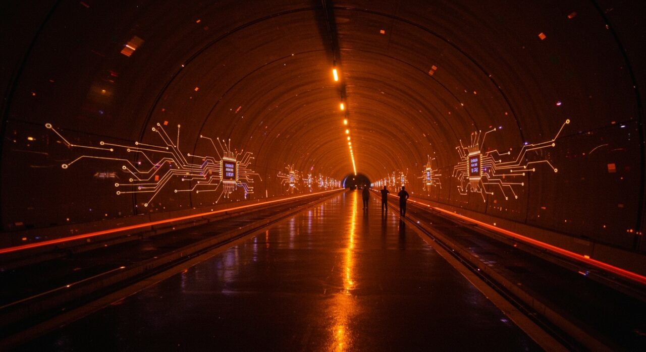 Túnel subacuático Taihu en China iluminado con tecnología LED y elementos de inteligencia artificial, representando avances en infraestructura tecnológica y construcción inteligente.