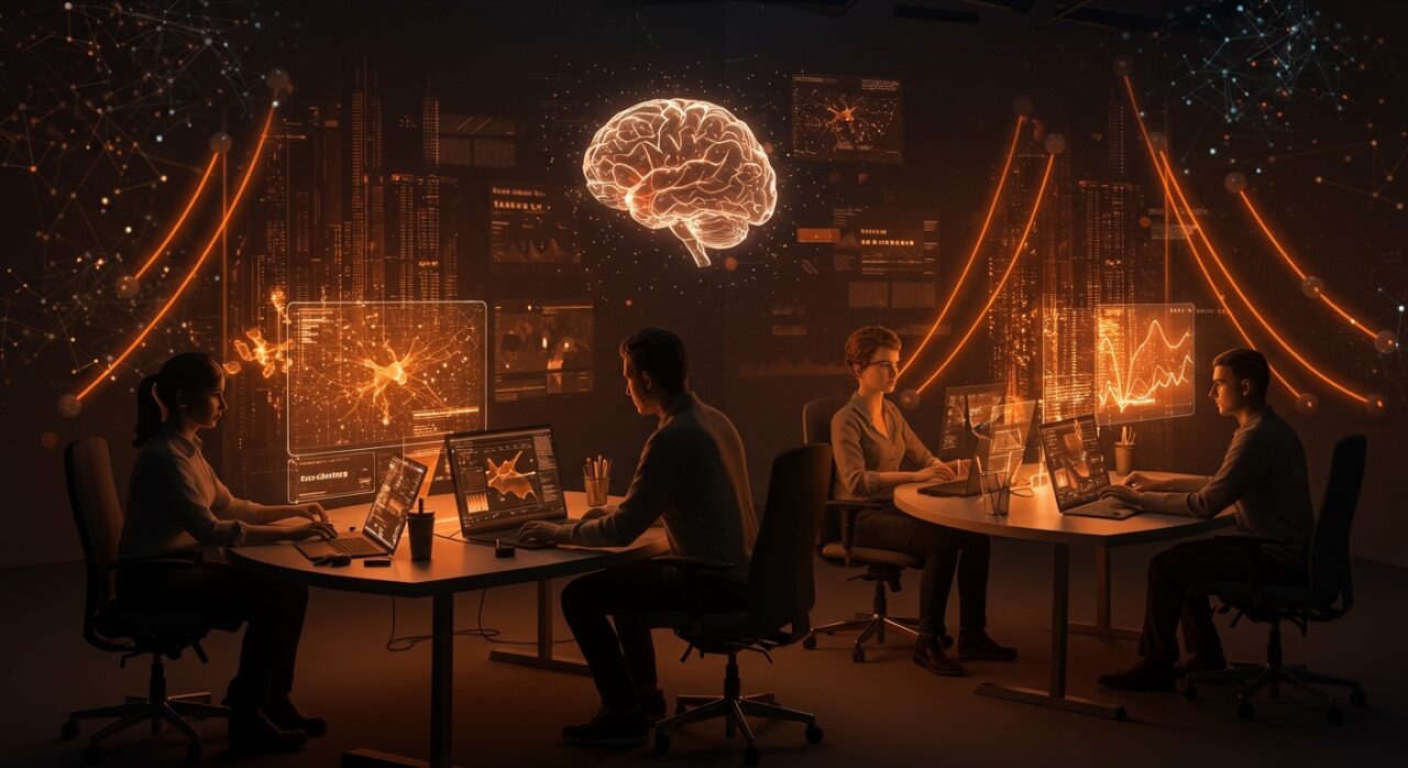 Equipo de startup trabajando en IA web eficiente con TurboQuant-WASM, resaltando cuantización vectorial y WebAssembly para tecnología escalable open source.