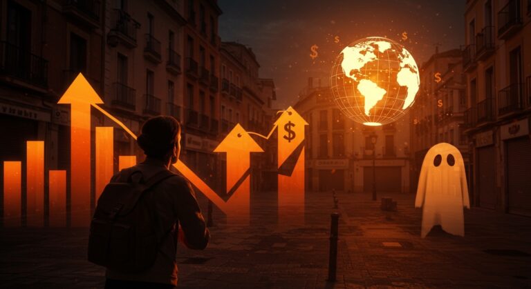 Declive del turismo doméstico en España reflejado con viajeros y hoteles cerrados, mientras aumentan los viajes internacionales en 2024.