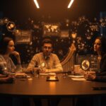 Jóvenes emprendedores colaborando en turismo sostenible con tecnología innovadora en España, representado en un ambiente futurista con luces naranja y negro.